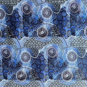 "Authentic Blue Water Dreaming Aboriginal fabric by Tamay Beam, featuring intricate saltwater coastal iconography and dot art in shades of indigo, sky blue, and grey on 100% cotton poplin."