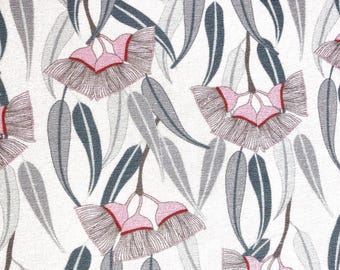 May include: A fabric pattern featuring a repeating botanical design of eucalyptus flowers and leaves. The flowers have light pink centers with dark red accents and fine, textured brown filaments. The leaves are dark gray and light gray.