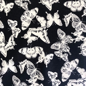 Butterfly Stencil Cotton Fabric: Black & White Botanical Print, Quilting Material
