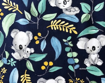 Baby koala kapers navy blue floral quilting cotton fabric by 1/2 yard or fat quarter, Australian native wild bush animal floral fabric