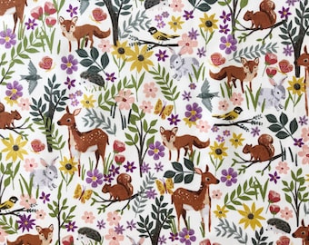 Daisy woods cream floral quilting cotton fabric by 1/2 yard or fat quarter, Fox deer rabbit possum wild animal cotton fabric, night forest