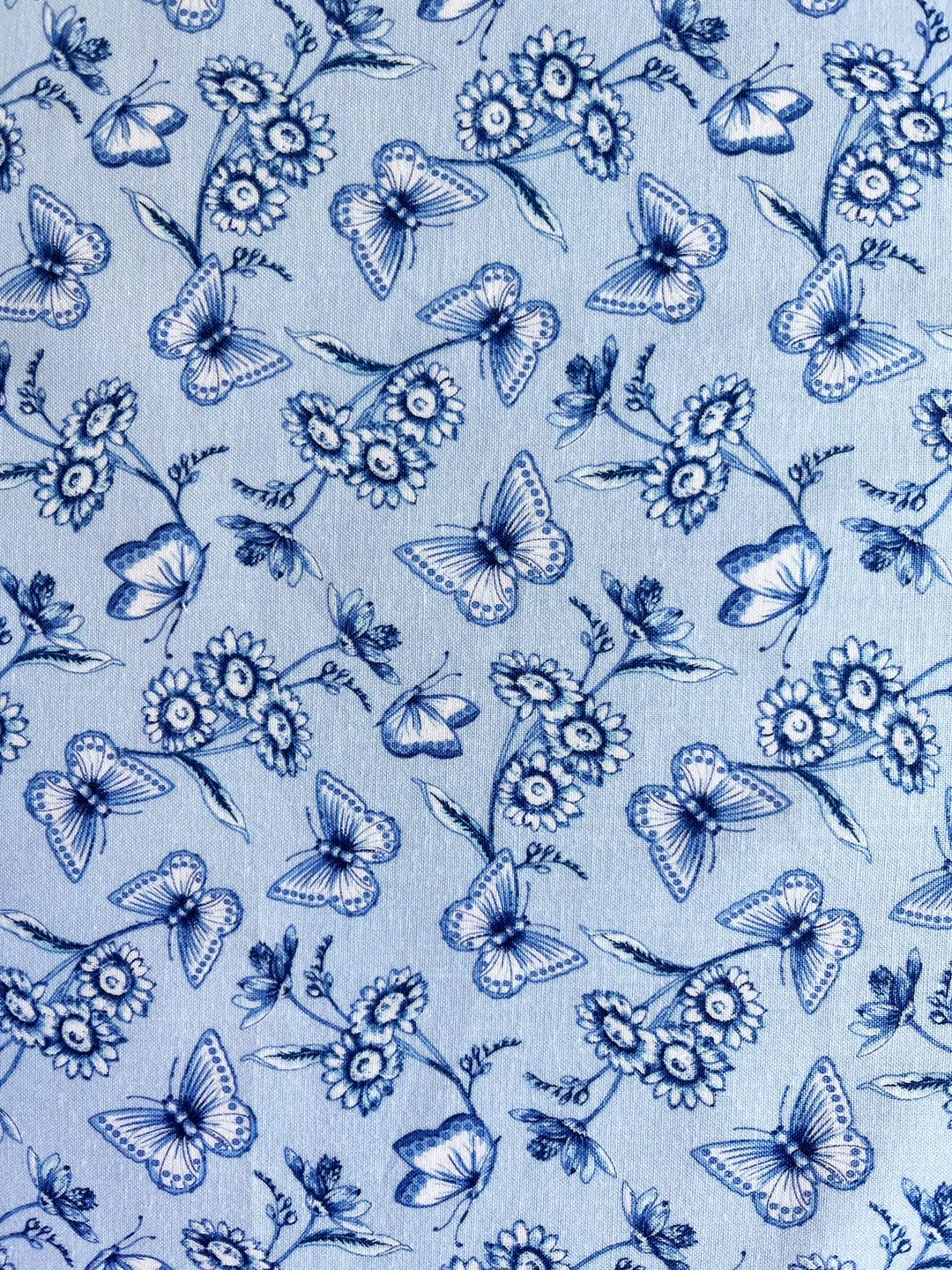 Satin Moon Light Blue Butterfly Fabric, Daisy Monochrome Floral ...