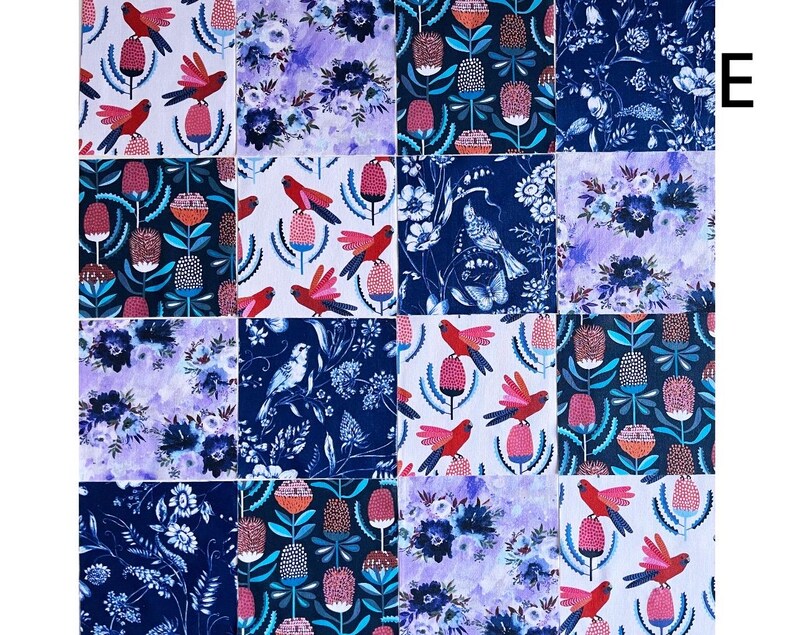 Rosella Bird, Butterfly and Flowers Moonlight Blue Quilting Cotton