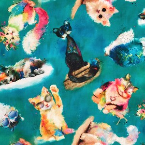 Rainbow Kitten Cotton Fabric: Teal Blue Quilting Material