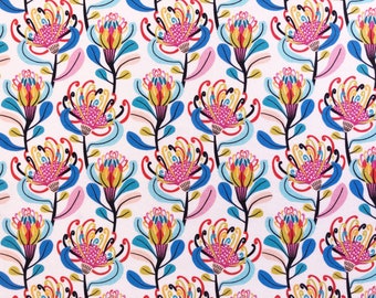 Protea Floral Cotton Fabric by Kirsten Katz - Australian Native Pincushion Garden Print - Pink Botanical Quilting Material by the Yard