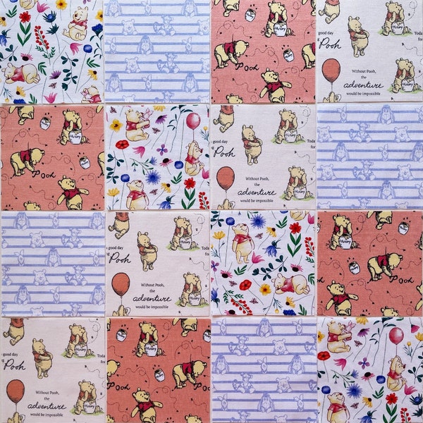 16pcs pre-cut 5" x 5" Winnie the Pooh and friends quilting cotton fabric squares, garden gnome mushroom floral quilting fabric