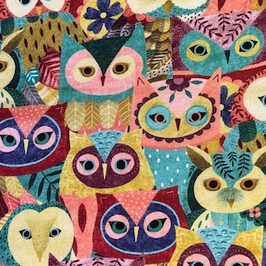 Multicolored owl family quilting cotton fabric by Half yard or Fat quarter