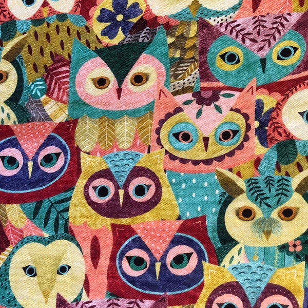 Multicolored owl family quilting cotton fabric by 1/2 yard or Fat quarter