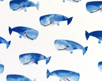 Baby Blue Whale Fabric by the Yard, Nautical Nursery Cotton Quilting Material, Cute Whale Print for Baby Blankets, Sea Adventure Sewing
