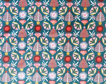 Australian Christmas Floral Fabric, Teal Blue Gum Blossom and Tree Print Pure Cotton for Holiday Quilting & Crafts