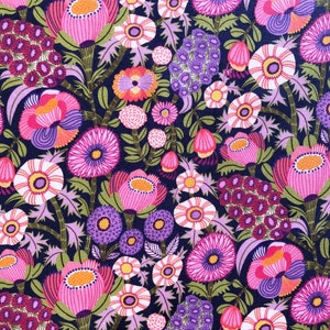 May include: A colourful floral design with a dense arrangement of stylised flowers in pink, purple, orange, and white against a dark navy blue background. The pattern includes various flower types and leaf patterns, creating a rich, textured appearance.