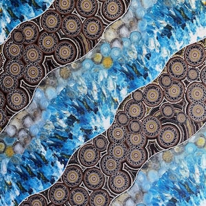 Aboriginal art the beach blue brown abstract quilting cotton fabric by Half yard or Fat quarter, Australian indigenous art