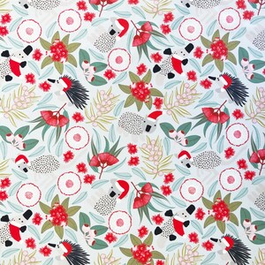 Australian Christmas Fabric by the Yard, Light Sage Green Holiday Quilting Cotton, Koala Platypus Fat Quarter, Red Gum Flower Craft Supply