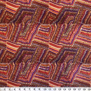 "Vibrant Aboriginal art quilting cotton fabric featuring the 'Mina Mina Dreaming' design by artist Polly Anne Napangardi Dixon. The intricate pattern displays a mosaic of colorful dots in shades of purple, red, orange, and yellow, forming textured geometric paths and ancestral tracks."