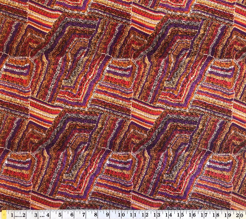 "Vibrant Aboriginal art quilting cotton fabric featuring the 'Mina Mina Dreaming' design by artist Polly Anne Napangardi Dixon. The intricate pattern displays a mosaic of colorful dots in shades of purple, red, orange, and yellow, forming textured geometric paths and ancestral tracks."