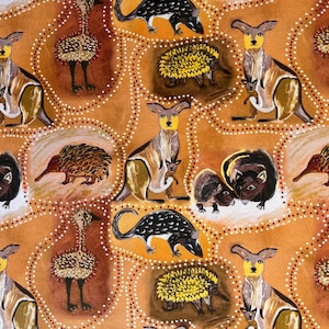 Australian Fabric--Aboriginal Fabric--Aboriginal Art--Cotton Fabric--Outback— Aussie Animals Brown Abstract--Australian Fabric by the YARD