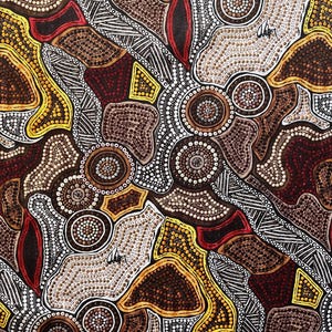 Aboriginal art kinship brown yellow abstract quilting cotton fabric by Half yard or Fat quarter, Australian indigenous art
