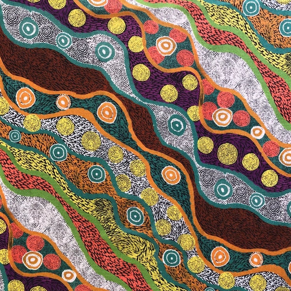 Arte aborigena Warlu seed dreaming tessuto di cotone quilting astratto verde arancione da 1/2 yard o Fat Quarter, arte indigena australiana