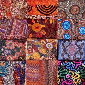 K&ouml;nnte beinhalten: Eine Sammlung farbenfroher Stoffquadrate mit Aboriginal-Dot-Art-Designs. Die Muster umfassen Kreise, Linien und abstrakte Formen in Rot-, Orange-, Blau- und Schwarzt&ouml;nen. Die Stoffquadrate sind in einem Raster angeordnet.