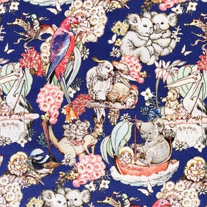 May Gibbs Gumnut Babies Australian Animals Cotton Fabric: Koala, Kangaroo, Parrot Quilting