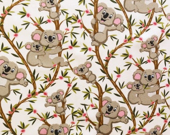 Koala mum & baby in the gum tree cream floral quilting cotton fabric by 1/2 yard or fat quarter, Australian bush animal fabric