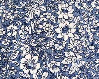 Vintage styled flower garden sketch blue floral quilting cotton fabric by 1/4, 1/2 yard or fat quarter