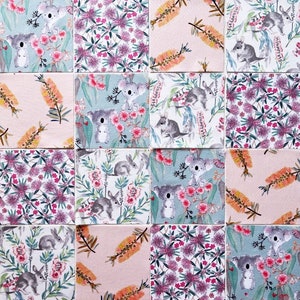 Australian Animals Cotton Fabric Squares: Koala & Kangaroo Floral Prints