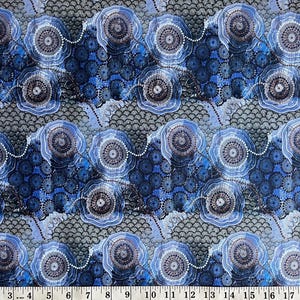"Authentic Blue Water Dreaming Aboriginal fabric by Tamay Beam, featuring intricate saltwater coastal iconography and dot art in shades of indigo, sky blue, and grey on 100% cotton poplin."
