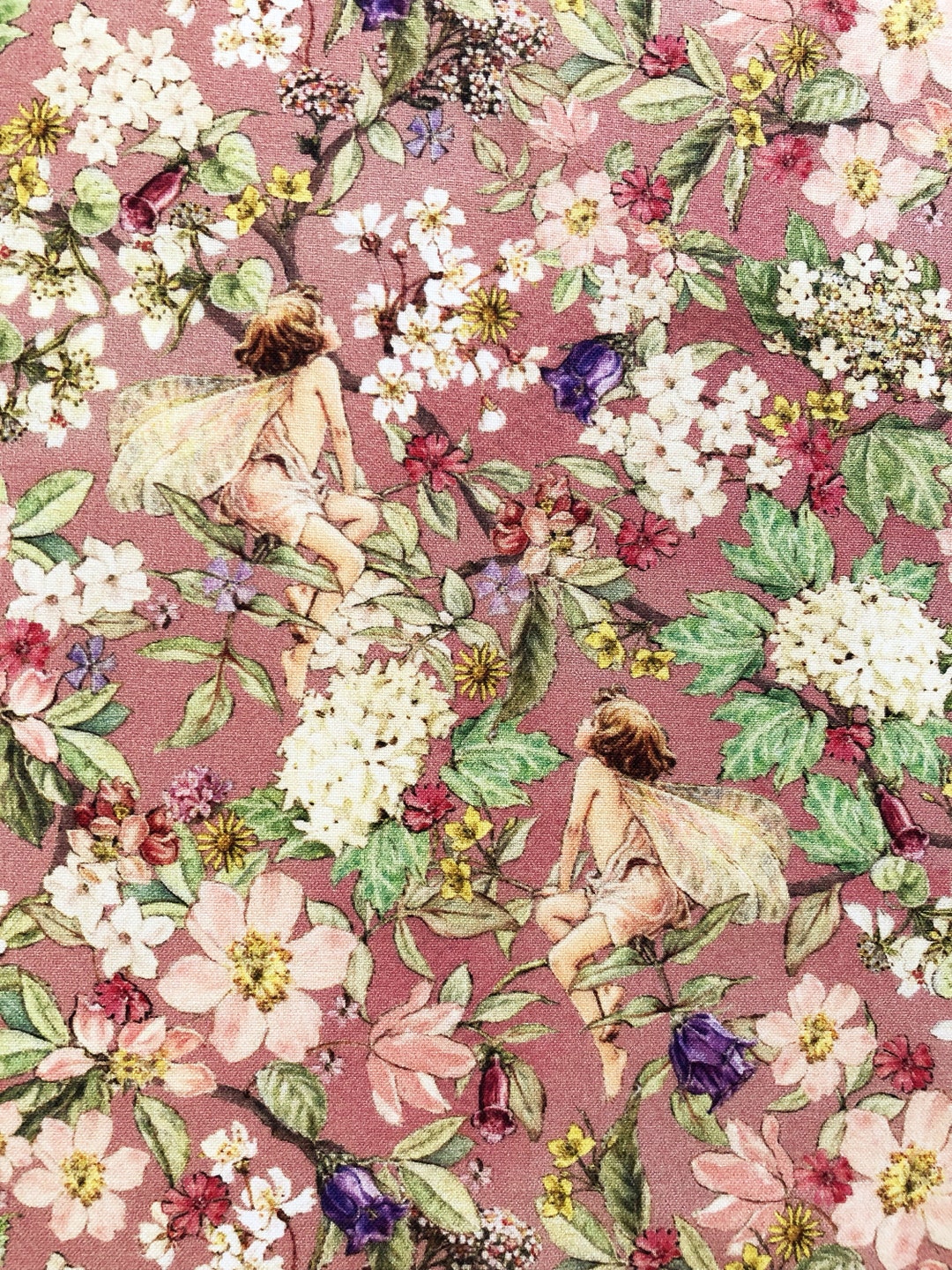 Flower Fairies in Jasmine Garden Pink Floral Quilting Cotton Fabric by 1/2 Yard or Fat Quarter