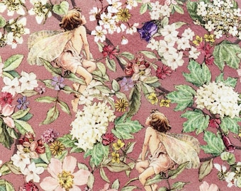 Flower fairies in jasmine garden pink floral quilting cotton fabric by 1/2 yard or fat quarter, Flower fairies and elderberry navy quilting