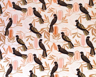 Black cockatoo in the bottlebrush tree beige quilting cotton fabric by 1/2 yard or fat quarter, Australian native bird floral fabric