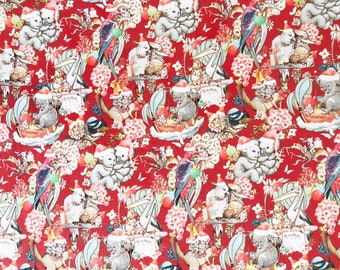 May Gibbs Christmas gumnut babies adventure red floral quilting organic cotton fabric by 1/2 yard or Fat quarter, Koala kangaroo fabric