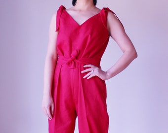 Red sexy organic linen jumpsuit for women with belt, V neck linen jumpsuit,Short 70s linen jumpsuit,Linen women clothing, Handmade Australia