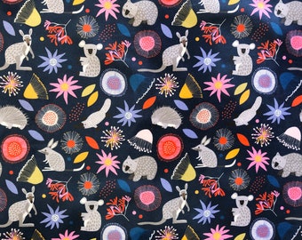 Australian bush animals & native flora navy quilting cotton fabric by 1/2 yard or fat quarter, Kangaroo wombat platypus koala fabric