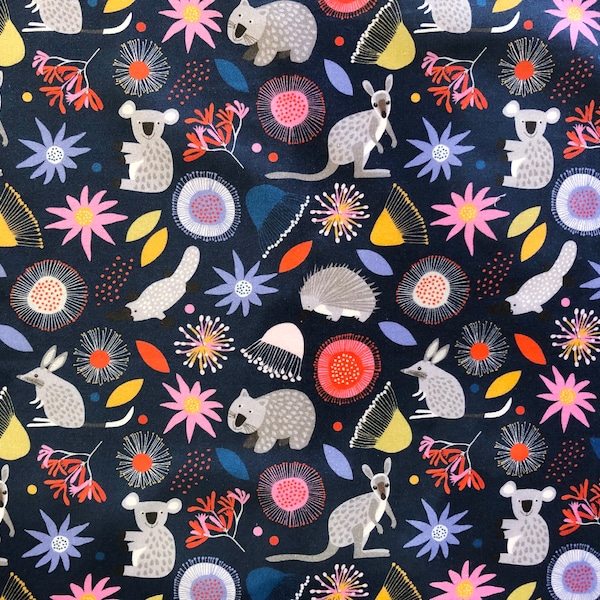 Australian bush animals & native flora navy quilting cotton fabric by 1/2 yard or fat quarter, Kangaroo wombat platypus koala fabric