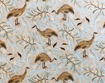 Katerine Quinn outback emus & gum leaves beige floral quilting cotton fabric by 1/4, 1/2 yard or fat quarter, Native animal flora