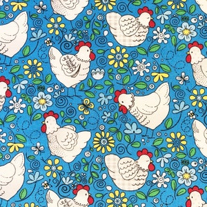 Hen & blooming flowers blue floral quilting cotton fabric by Half yard or Fat quarter fabric, Farm animal chicken cotton fabric