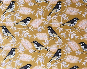 New holland honeyeater bird & bottlebrushes tree mustard floral quilting cotton fabric by 1/2 yard or fat quarter