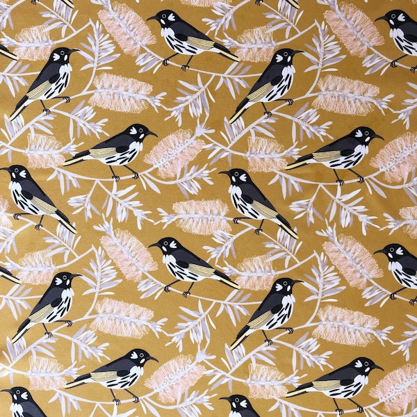 New holland honeyeater bird & bottlebrushes tree mustard floral quilting cotton fabric by 1/2 yard or fat quarter
