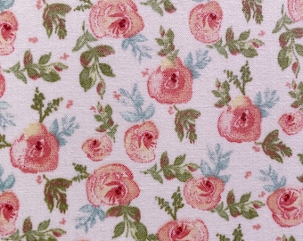 Kathy Davis Fabric, Pale Pink Mini Rose Cotton Print by the Yard, Shabby Chic Floral Cotton Quilting Material, Fat Quarters