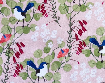 Anne Waters Pink Blue Wren Cotton Fabric, Australian Floral Bird Print by the Yard