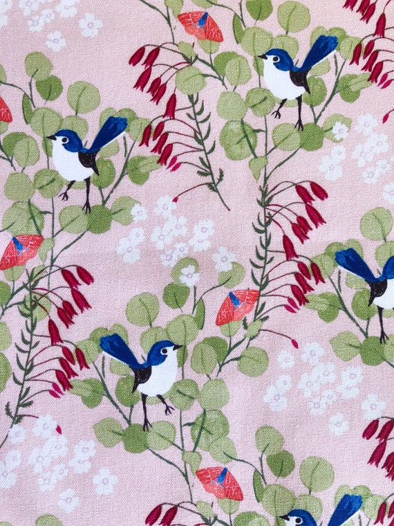 Anne Waters Pink Blue Wren Cotton Fabric, Australian Floral Bird Print by the Yard