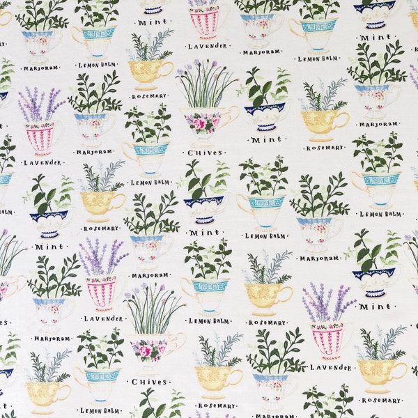 Herbal teacup botanical cream quilting cotton fabric by 1/4 or 1/2 yard or fat quarter, Rosemary lavender mint lemon balm chives fabric