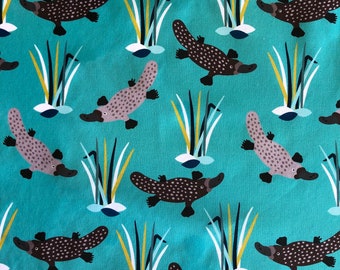 Platypus & wild grass teal blue floral quilting cotton fabric by 1/2 yard or fat quarter, Australian native animal fabric