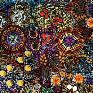 Aboriginal art budgerigar dreaming abstract brown orange quilting cotton fabric by Half yard or Fat quarter, Australia indigenous art