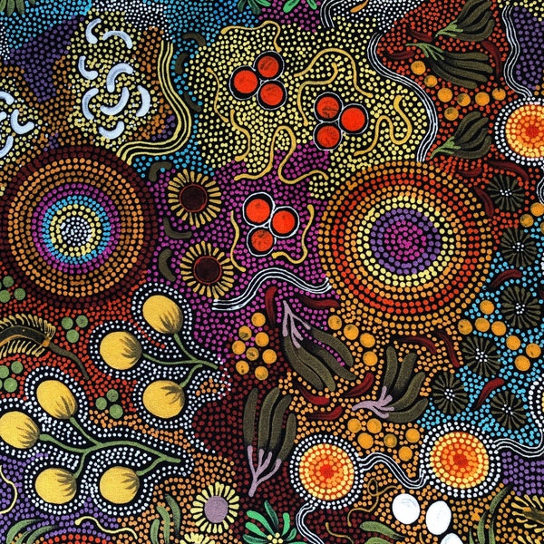 Arte aborigena pappagallino ondulato che sogna tessuto di cotone quilting astratto marrone arancione da 1/2 iarda o quartiere grasso, arte indigena australiana