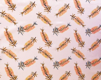 Pink Bottlebrush Floral Cotton Fabric, Australian Native Botanical Print, Quilting & Craft Yardage