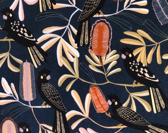 Black cockatoo in the bottlebrush tree navy quilting cotton fabric by 1/2 yard or fat quarter, Australian native bird floral fabric