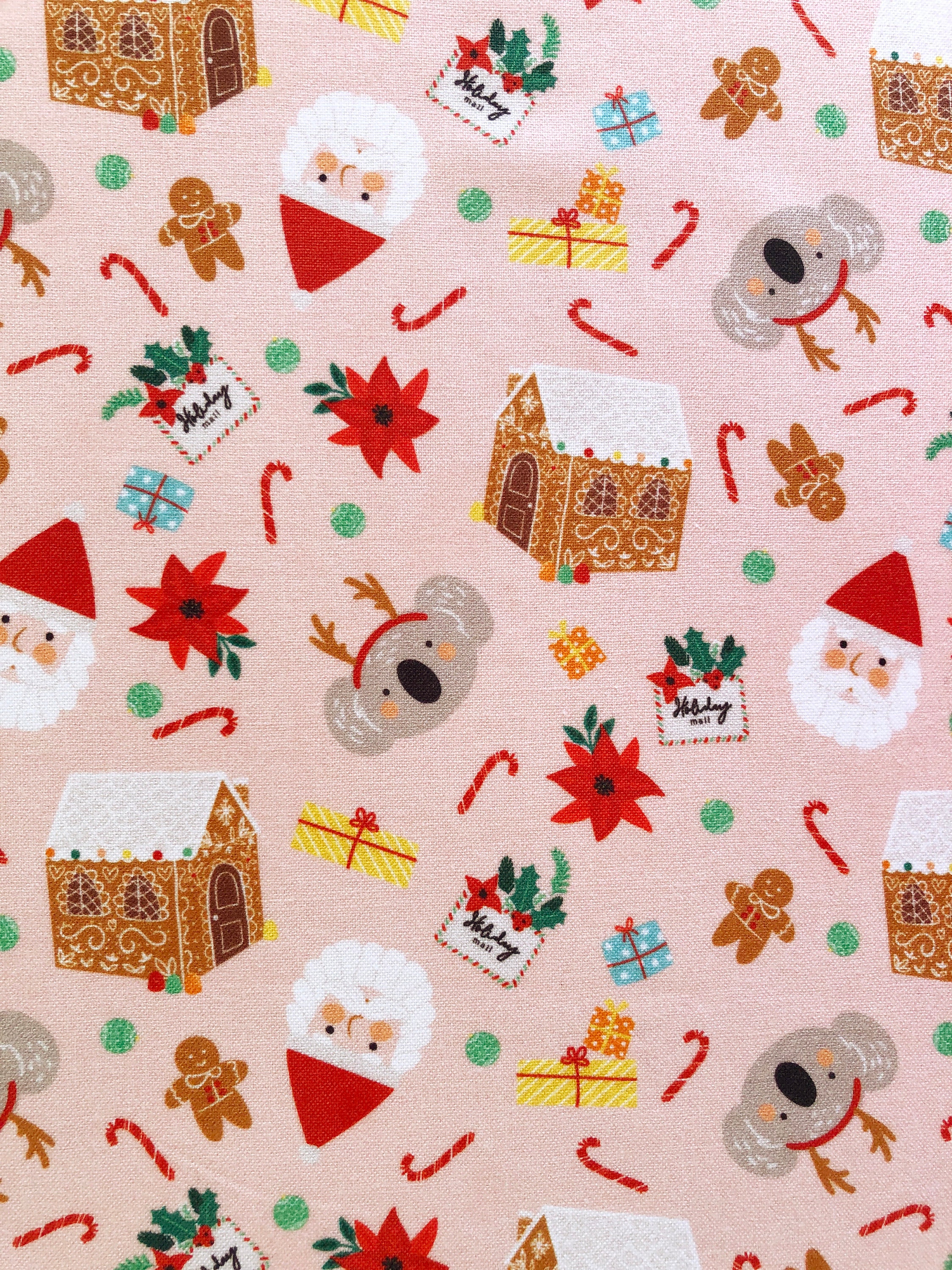 Christmas Koala Pink Cotton Fabric: Santa, Gingerbread House Print, Australian Christmas Quilting, Australian Animal Floral Cotton Fabric