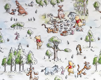 May include: A whimsical illustration featuring Winnie the Pooh and friends in a forest setting. The scene includes Pooh, Tigger, Piglet, Eeyore, and other characters, with trees and picnic items scattered throughout. The color palette is soft, with a watercolor effect.